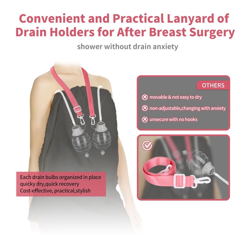 HJKEMI Shower Lanyard for Mastectomy Drain Holder with Hook 2PCS Quick Dry JP Drain Holders for After Breast Surgery Skin Friendly Drain Holder After Tummy Tuck Adjustable Mastectomy Recovery Supplies - Image 4